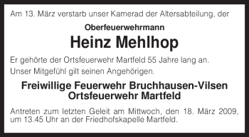 Traueranzeige von Heinz Mehlhop von KREISZEITUNG SYKE