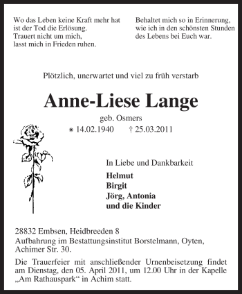 Traueranzeige von Anne-Liese Lange von KREISZEITUNG SYKE