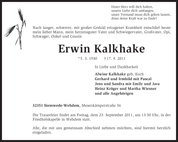 Traueranzeige von Erwin Kalkhake von KREISZEITUNG SYKE