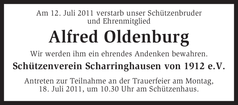  Traueranzeige für Alfred Oldenburg vom 15.07.2011 aus KREISZEITUNG SYKE