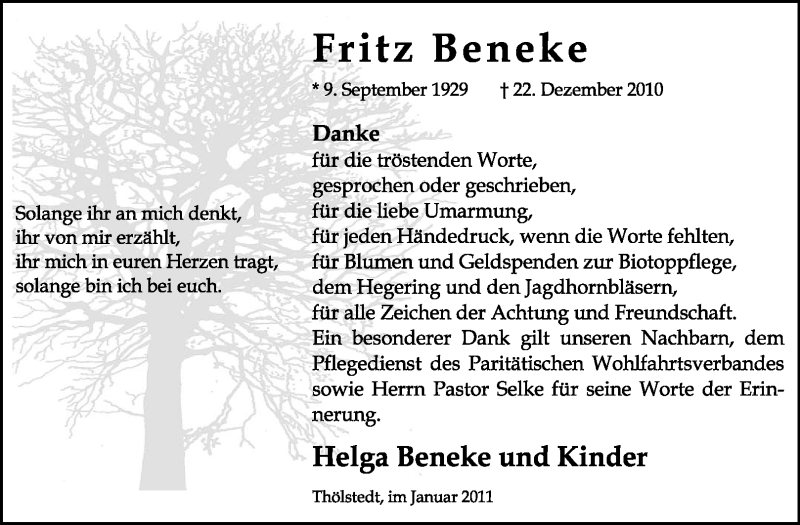  Traueranzeige für Fritz Beneke vom 22.01.2011 aus KREISZEITUNG SYKE