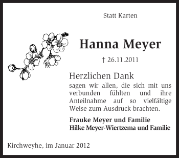 Traueranzeige von Hanna Meyer von KREISZEITUNG SYKE