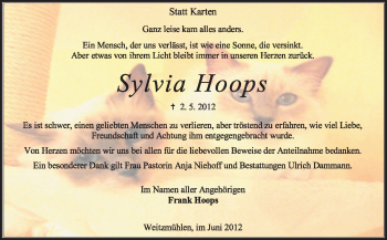 Traueranzeige von Sylvia Hoops von KREISZEITUNG SYKE