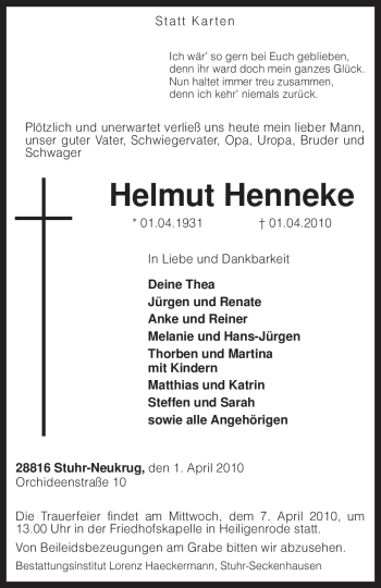 Traueranzeige von Helmut Henneke von KREISZEITUNG SYKE