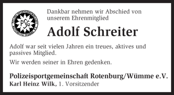 Traueranzeige von Adolf Schreiter von KREISZEITUNG SYKE