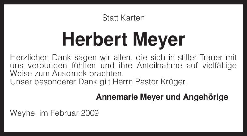  Traueranzeige für Herbert Meyer vom 21.02.2009 aus KREISZEITUNG SYKE