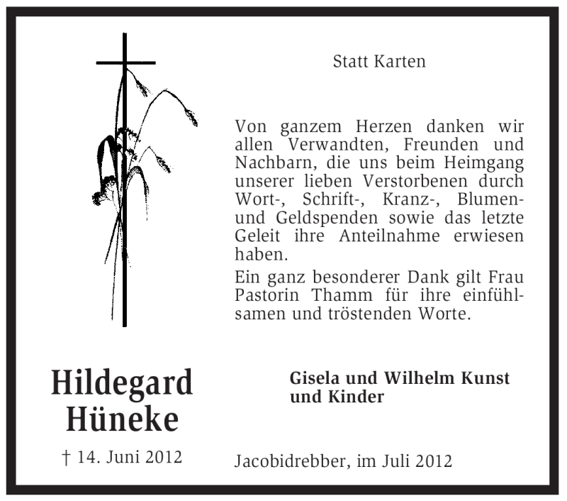  Traueranzeige für Hildegard Hüneke vom 28.07.2012 aus KREISZEITUNG SYKE