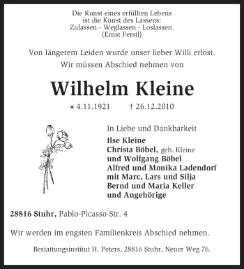 Traueranzeige von Wilhelm Kleine von KREISZEITUNG SYKE