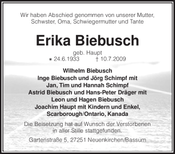 Traueranzeige von Erika Biebusch von KREISZEITUNG SYKE