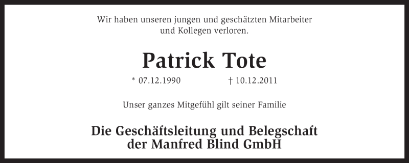  Traueranzeige für Patrick Tote vom 17.12.2011 aus KREISZEITUNG SYKE