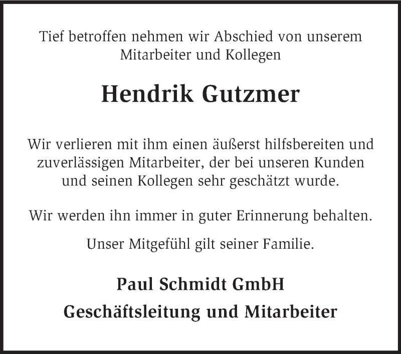  Traueranzeige für Hendrik Gutzmer vom 13.06.2015 aus KRZ