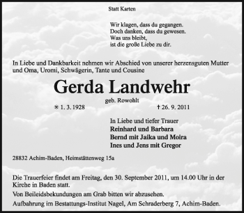 Traueranzeige von Gerda Landwehr von KREISZEITUNG SYKE