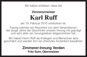 Traueranzeige von Karl Ruff von KREISZEITUNG SYKE