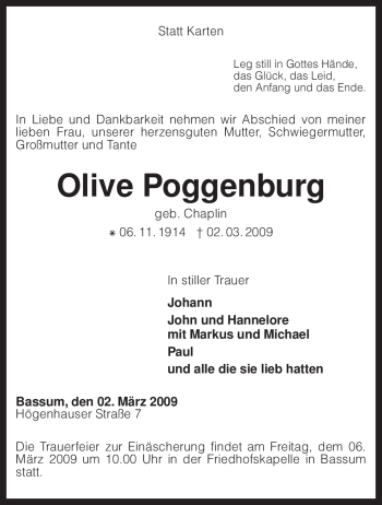 Traueranzeige von Olive Poggenburg von KREISZEITUNG SYKE