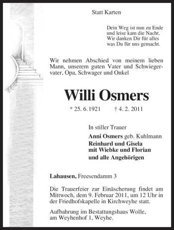 Traueranzeige von Willi Osmers von KREISZEITUNG SYKE