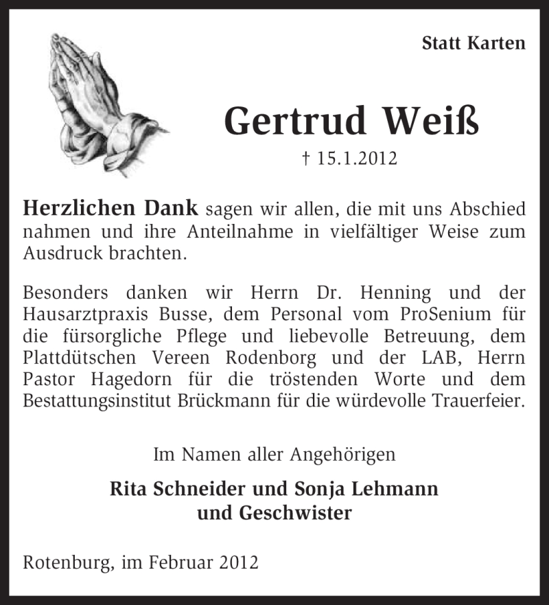  Traueranzeige für Gertrud Weiß vom 18.02.2012 aus KREISZEITUNG SYKE
