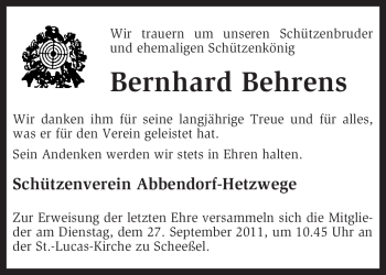 Traueranzeige von Bernhard Behrens von KREISZEITUNG SYKE