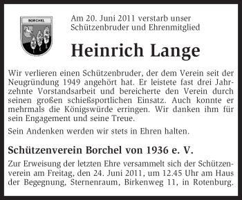 Traueranzeige von Heinrich Lange von KREISZEITUNG SYKE