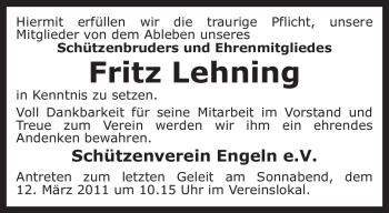 Traueranzeige von Fritz Lehning von KREISZEITUNG SYKE