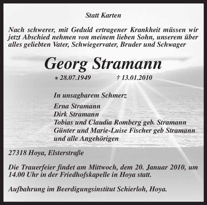  Traueranzeige für Georg Stramann vom 18.01.2010 aus KREISZEITUNG SYKE