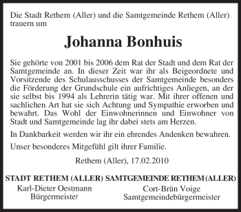 Traueranzeige von Johanna Bonhuis von KREISZEITUNG SYKE