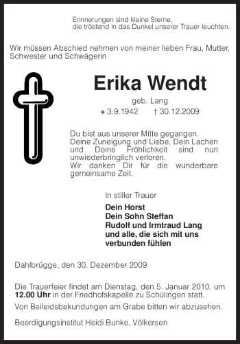 Traueranzeige von Erika Wendt von KREISZEITUNG SYKE