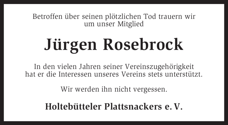  Traueranzeige für Jürgen Rosebrock vom 18.06.2011 aus KREISZEITUNG SYKE