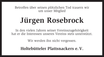 Traueranzeige von Jürgen Rosebrock von KREISZEITUNG SYKE