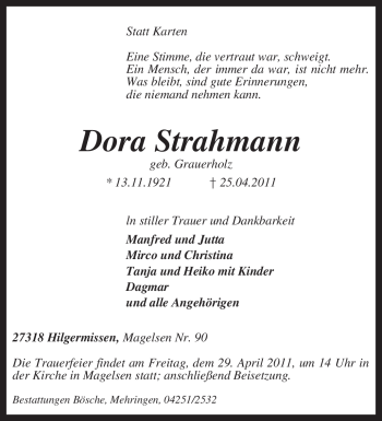 Traueranzeige von Dora Strahmann von KREISZEITUNG SYKE