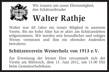 Traueranzeige von Walter Rathje von KREISZEITUNG SYKE