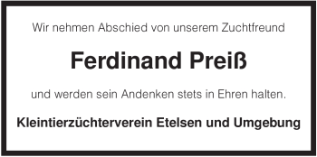 Traueranzeige von Ferdinand Preiß von KREISZEITUNG SYKE