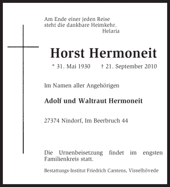 Traueranzeige von Horst Hermoneit von KREISZEITUNG SYKE