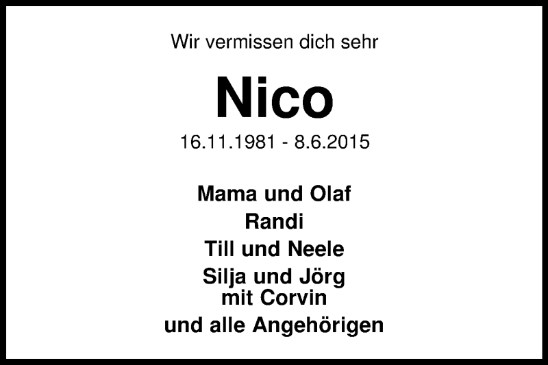  Traueranzeige für Nico Meiners vom 11.06.2015 aus KRZ