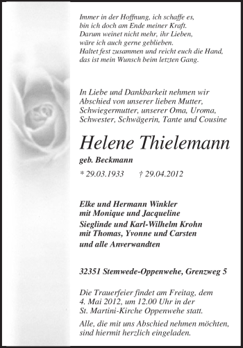 Traueranzeige von Helene Thielemann von KREISZEITUNG SYKE