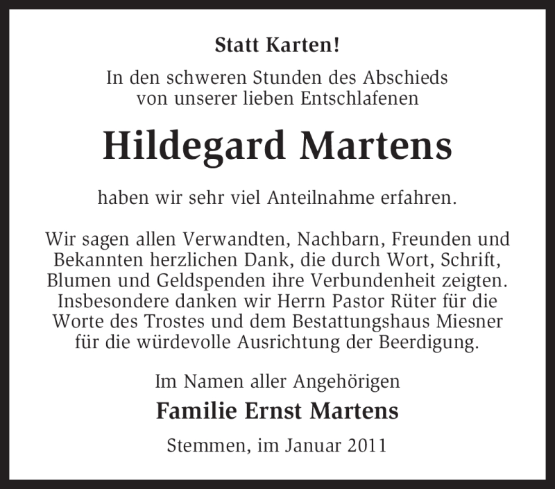  Traueranzeige für Hildegard Martens vom 15.01.2011 aus KREISZEITUNG SYKE