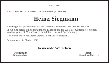 Traueranzeige von Heinz Siegmann von KREISZEITUNG SYKE