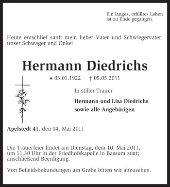 Traueranzeige von Hermann Diedrichs von KREISZEITUNG SYKE