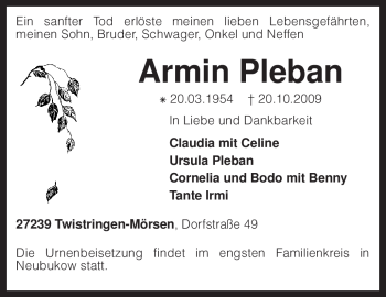 Traueranzeige von Armin Pleban von KREISZEITUNG SYKE