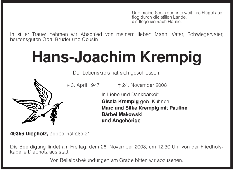  Traueranzeige für Hans-Joachim Krempig vom 26.11.2008 aus KREISZEITUNG SYKE