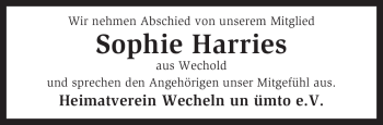 Traueranzeige von Sophie Harries von KREISZEITUNG SYKE