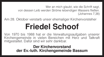 Traueranzeige von Friedel Schoof von KREISZEITUNG SYKE