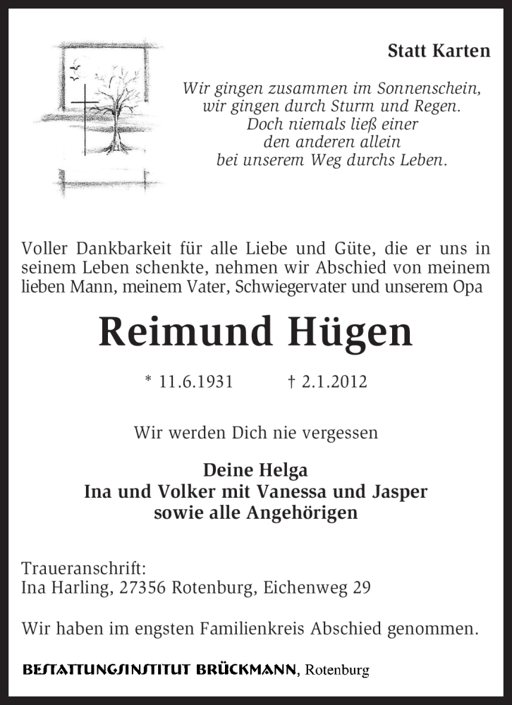  Traueranzeige für Reimund Hügen vom 14.01.2012 aus KREISZEITUNG SYKE