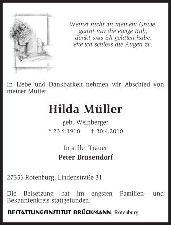 Traueranzeige von Hilda Müller von KREISZEITUNG SYKE