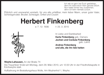 Traueranzeige von Herbert Finkenberg von KREISZEITUNG SYKE