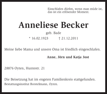 Traueranzeige von Anneliese Becker von KREISZEITUNG SYKE