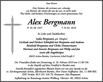 Traueranzeige von Alex Bergmann von KREISZEITUNG SYKE