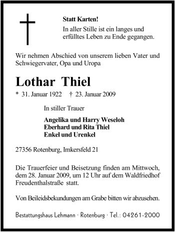 Traueranzeige von Lothar Thiel von KREISZEITUNG SYKE