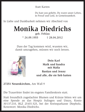 Traueranzeige von Monika Diedrichs von KREISZEITUNG SYKE