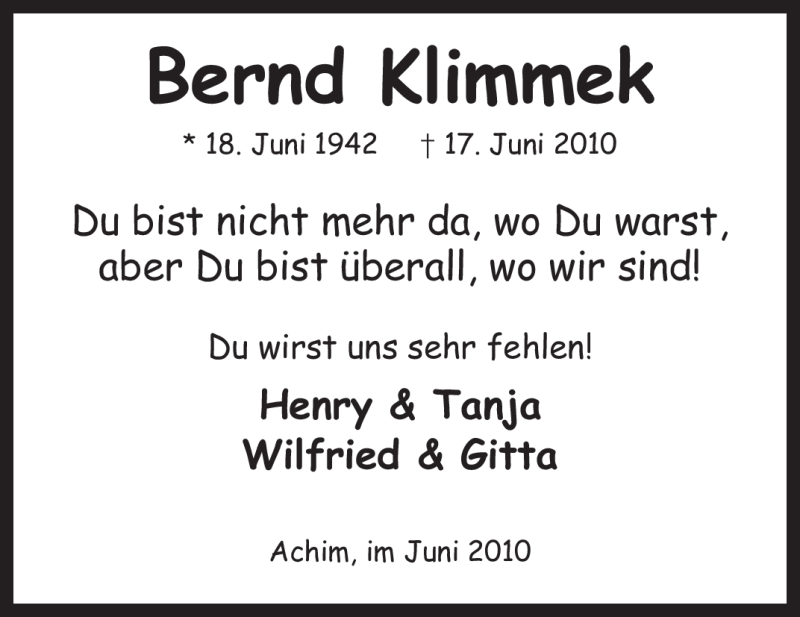  Traueranzeige für Bernd Klimmek vom 19.06.2010 aus KREISZEITUNG SYKE