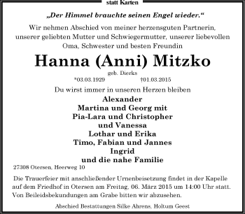 Traueranzeige von Hanna Mitzko von KRZ